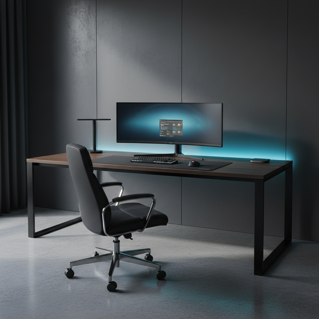 A sleek futuristic gaming desk setup in a modern room with subtle blue and cyan RGB lighting, minimal cables, and a clean professional look.