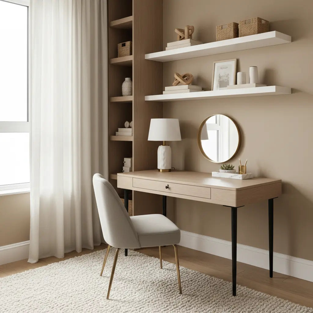 A luxury-looking budget home office in a small studio apartment with a clean modern desk, minimalist styling, and soft natural light.