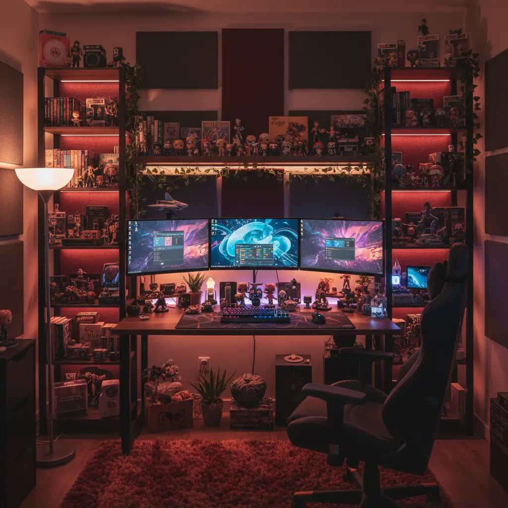 A vibrant cozy maximalist gaming desk in a small room, filled with collectibles, figures, layered decor, LED lights, and vertical shelves.