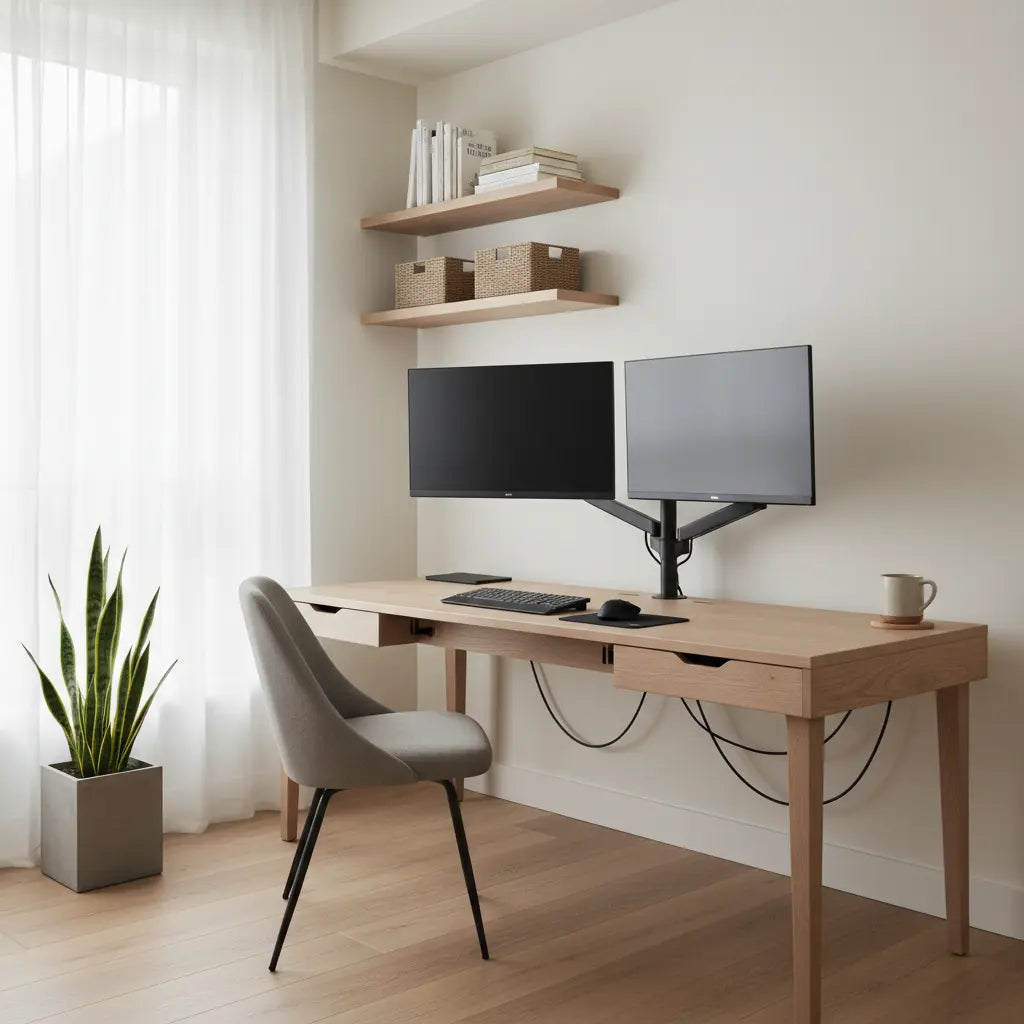 A clean renter desk with hidden cables, dual monitors, and a modern minimalist small-apartment setup.