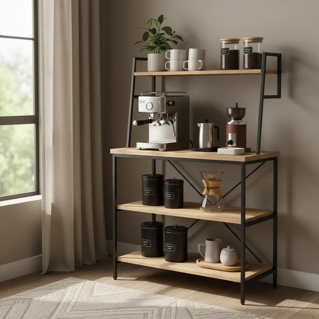 A stylish small apartment coffee bar built on a black metal and wood bakers rack in a modern living space.