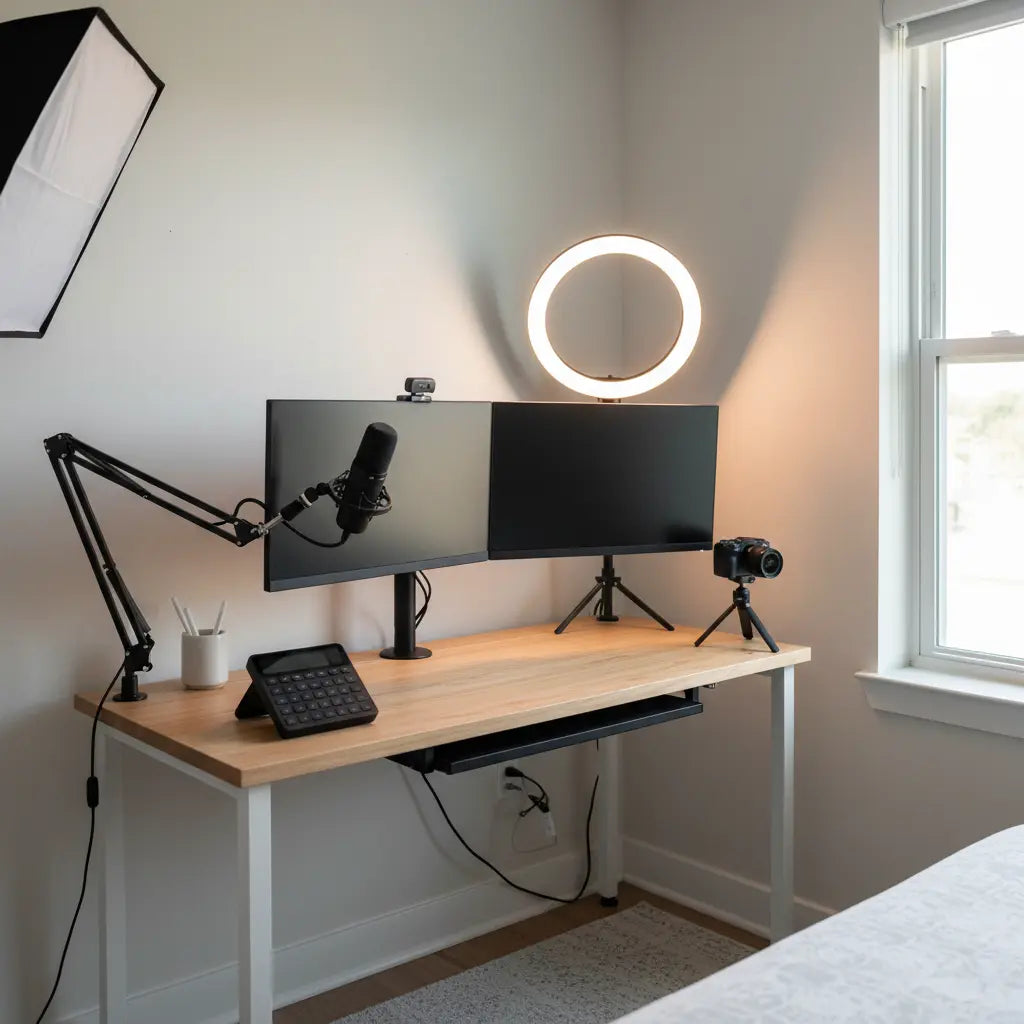 A minimalist creator desk setup in a small bedroom with dual monitors, a microphone arm, ring light, and tidy cable management.