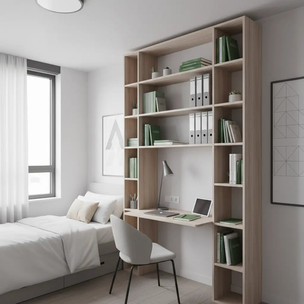 A dramatic vertical dorm room workspace with a tall shelf-desk hybrid, compact lighting, and neatly arranged study essentials in a bright modern room.