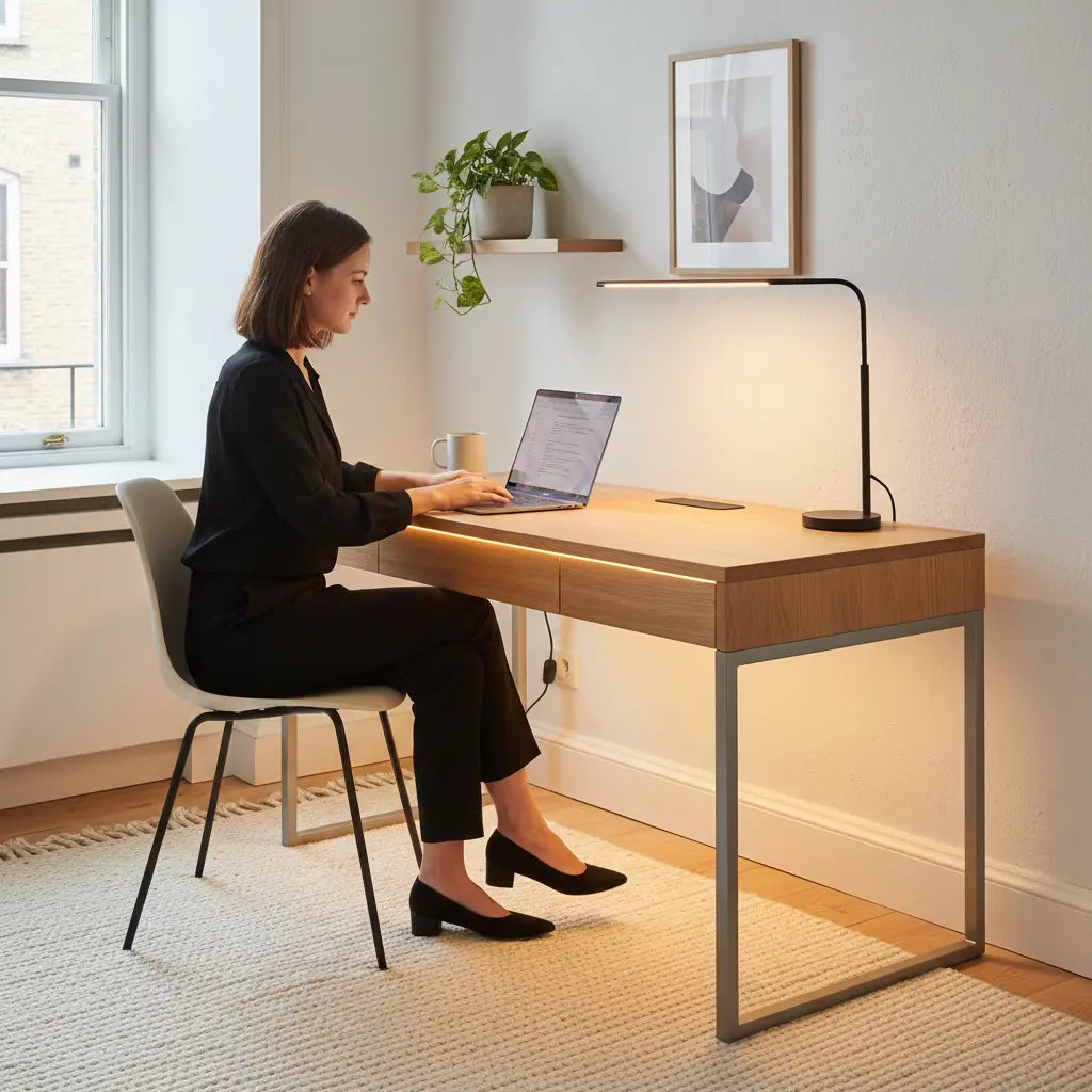 A young professional using a modern minimalist LED desk in a clean apartment workspace with a subtle warm glow.