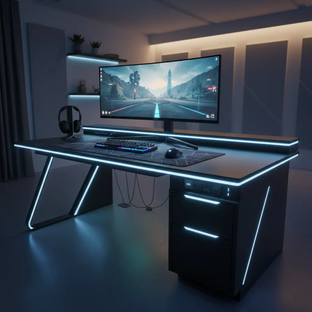 A modern gaming desk in a stylish room with built-in power outlets, USB ports, LED lighting, and an organized setup with monitor and peripherals.