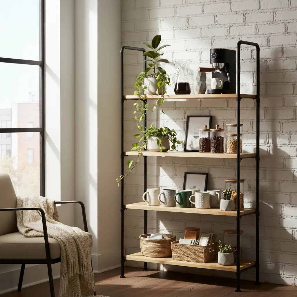 A stylish modern bakers rack in a small bright apartment kitchen, organized with coffee items, plants, and neatly arranged accessories in a modern industrial style.