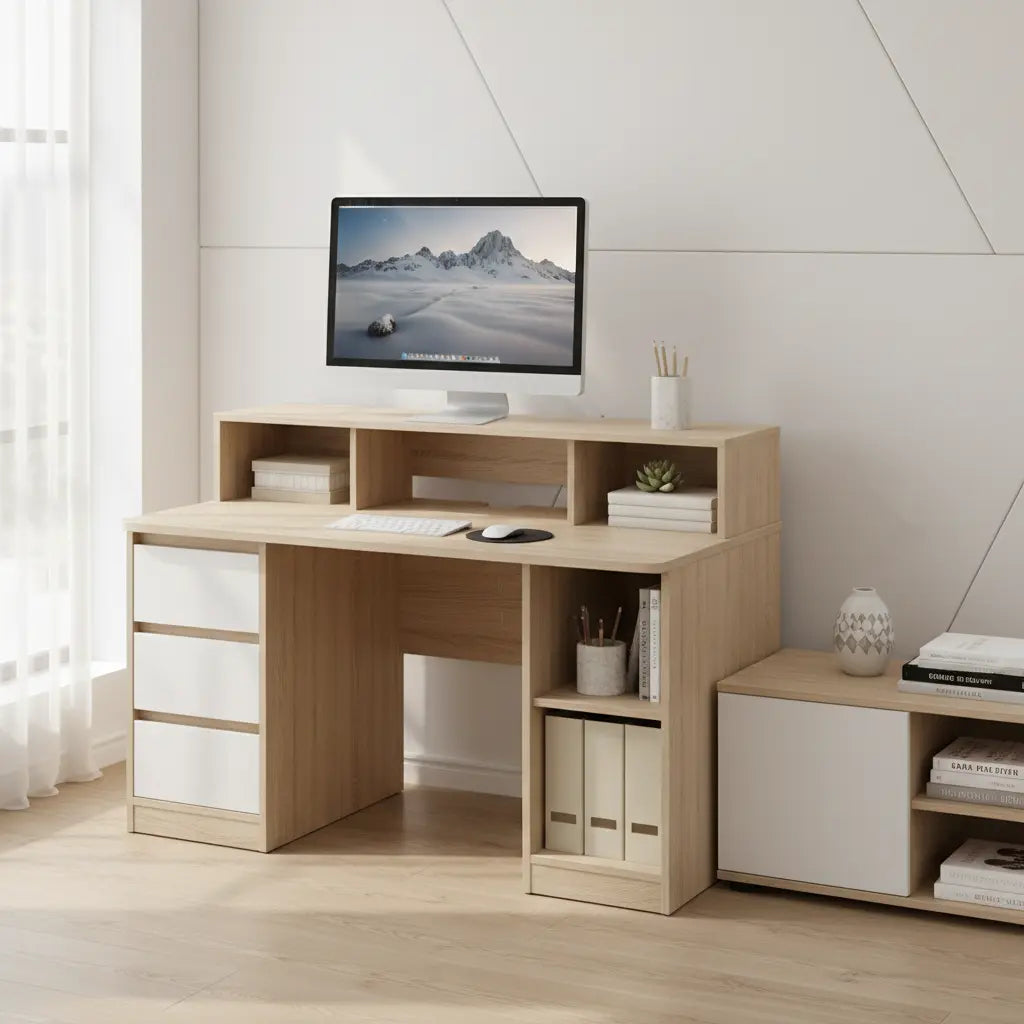 A modern budget desk with a monitor on a raised shelf, visible drawers and storage shelves, arranged in a clean home office.