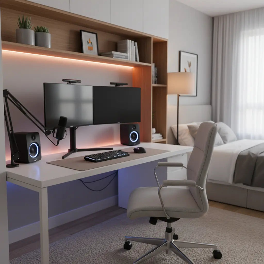 A compact creator studio desk setup in a bedroom corner with dual monitors, a microphone arm, RGB accent lighting, and tidy cable management.