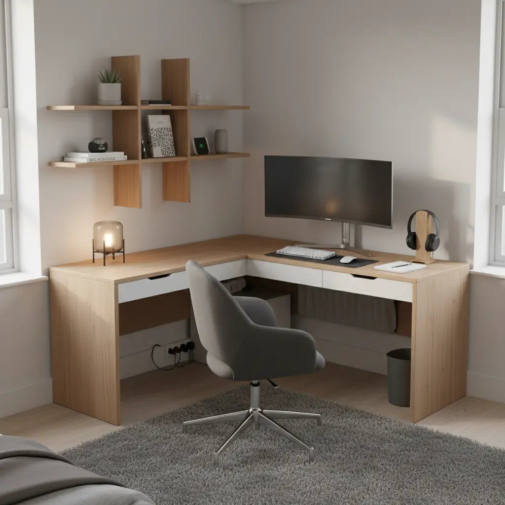 A clean, modern compact gaming and work desk setup in a small bedroom with a shallow L-shaped desk, vertical shelves, and tidy cable management.