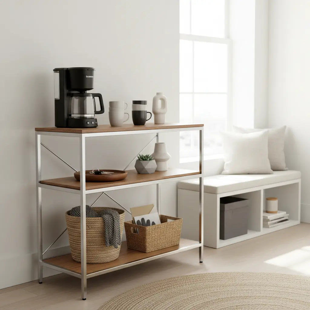 A stylish bakers rack used as a coffee bar and entryway organizer in a bright modern small apartment.