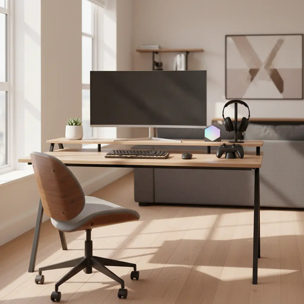 A professional yet fun hybrid work-from-home gaming desk setup in a modern apartment, with subtle gaming elements and clean neutral decor.