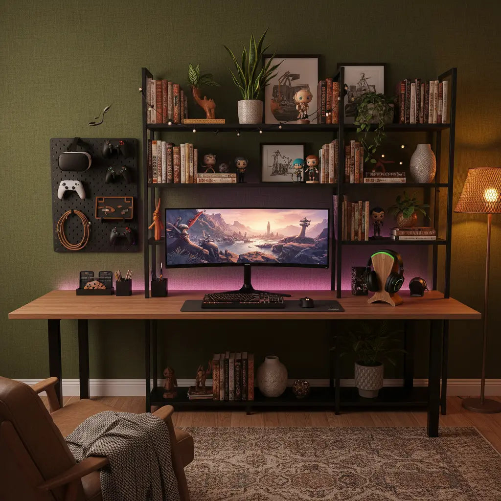 A cozy, organized maximalist gaming desk setup with warm lighting, shelves of collectibles, and a pegboard neatly displaying gear.
