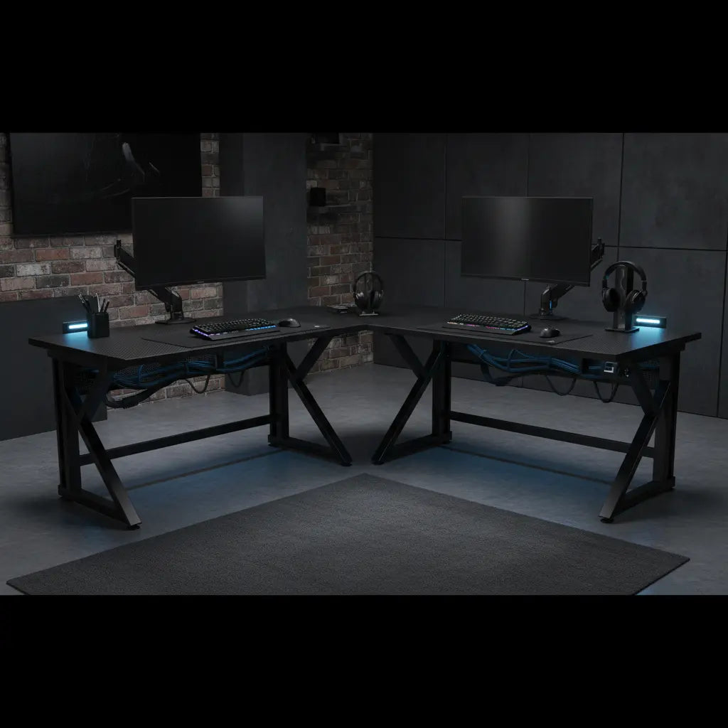 A sturdy L-shaped gaming desk with dual monitors on arm mounts in a dark modern home office, emphasizing steel legs and stable construction.