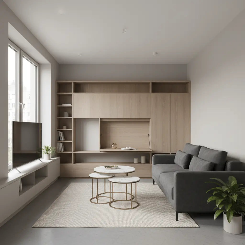 A stylish small urban apartment with multi-functional furniture arranged neatly in a bright, modern interior.
