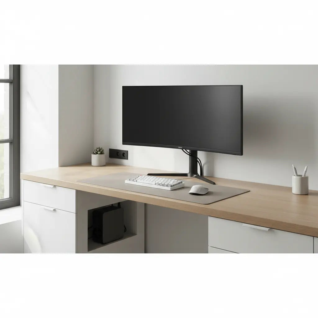 A clean modern desk setup with concealed cable management, built-in power outlets, and no visible wires.