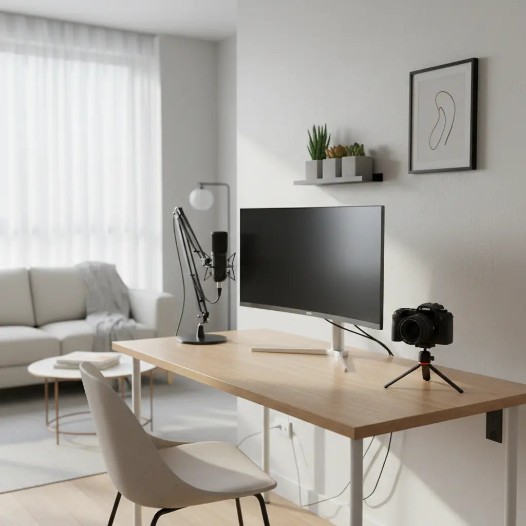 A clean, professional creator desk setup in a small modern apartment with a compact monitor, microphone, camera, and soft natural light.