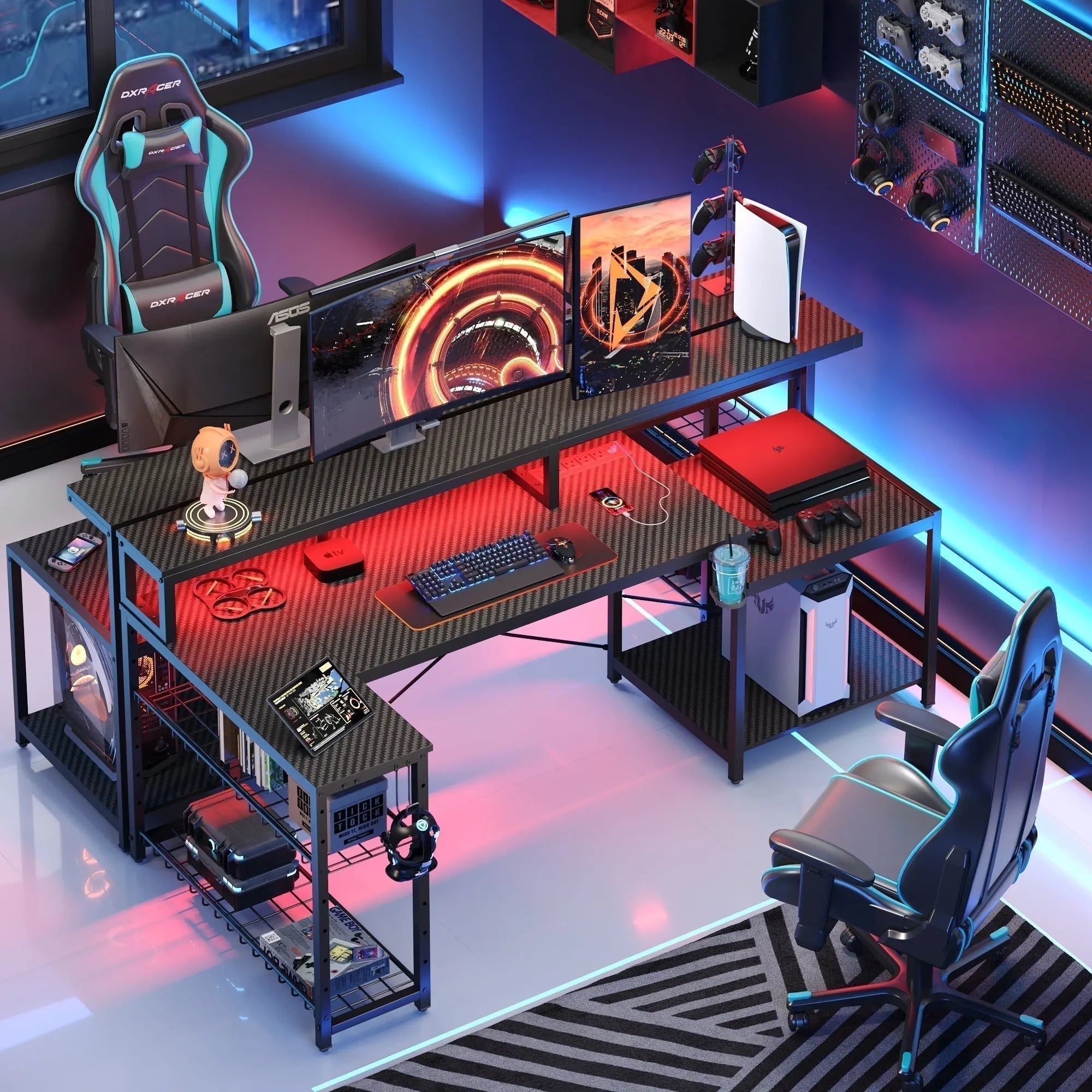 Gaming room with LED bed frame and desk featuring red-blue ambient lighting and racing chair setup