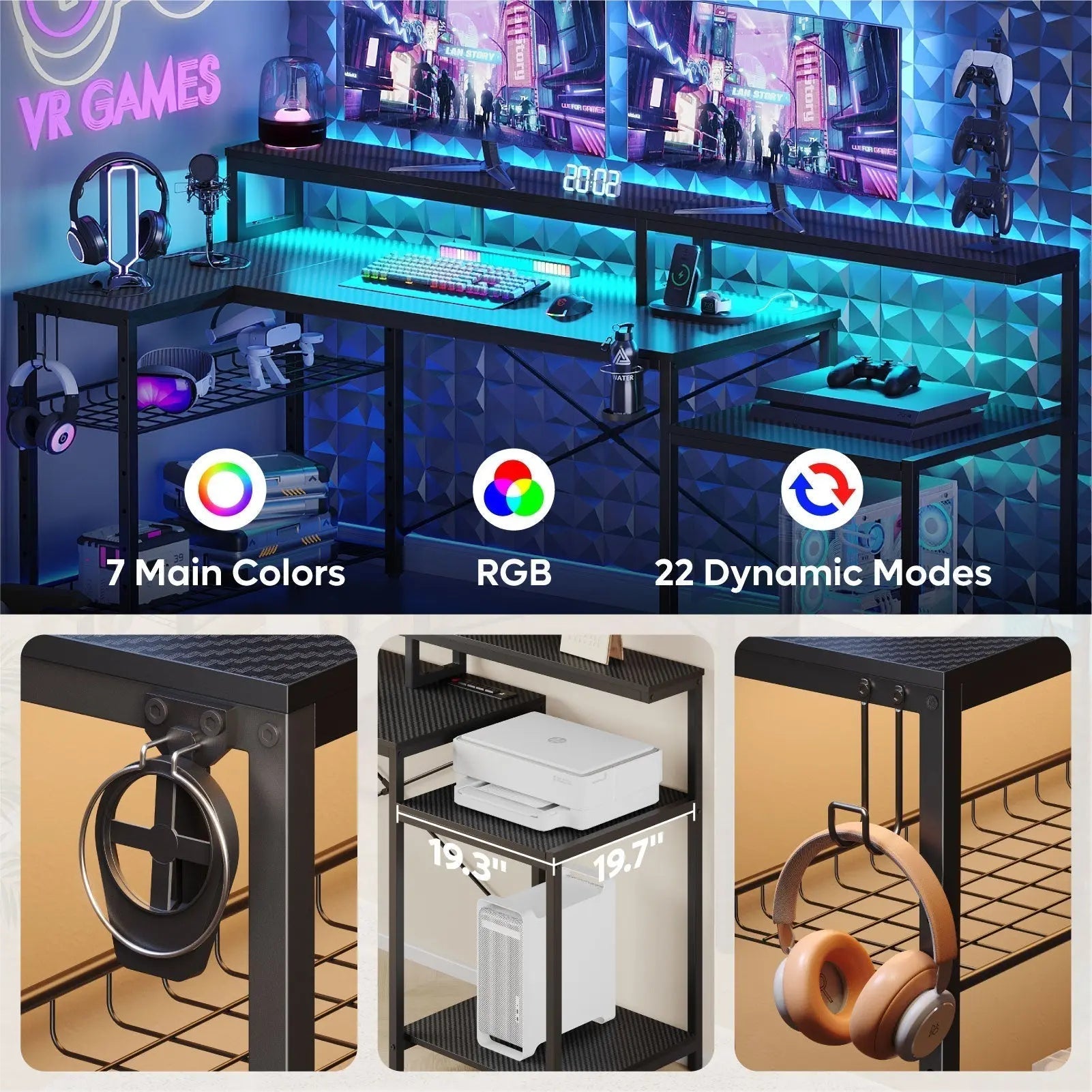 This small L-shaped desk with storage and dynamic RGB lighting transforms a compact corner into a modern workspace.