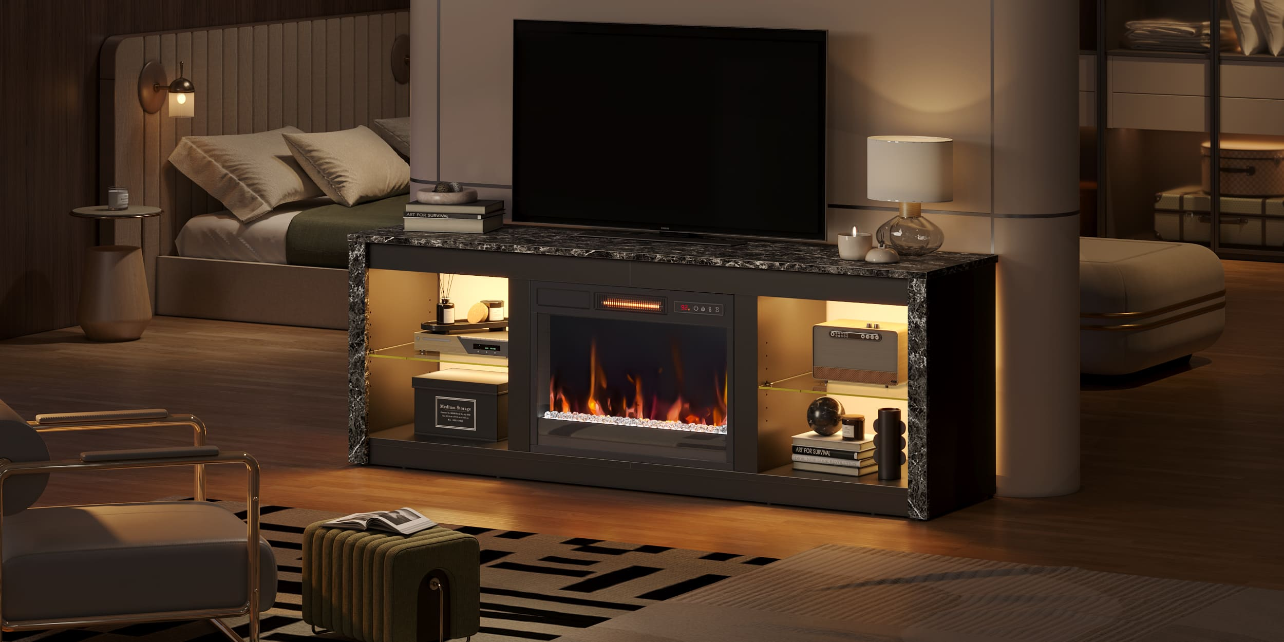 a modern tv stand in a room