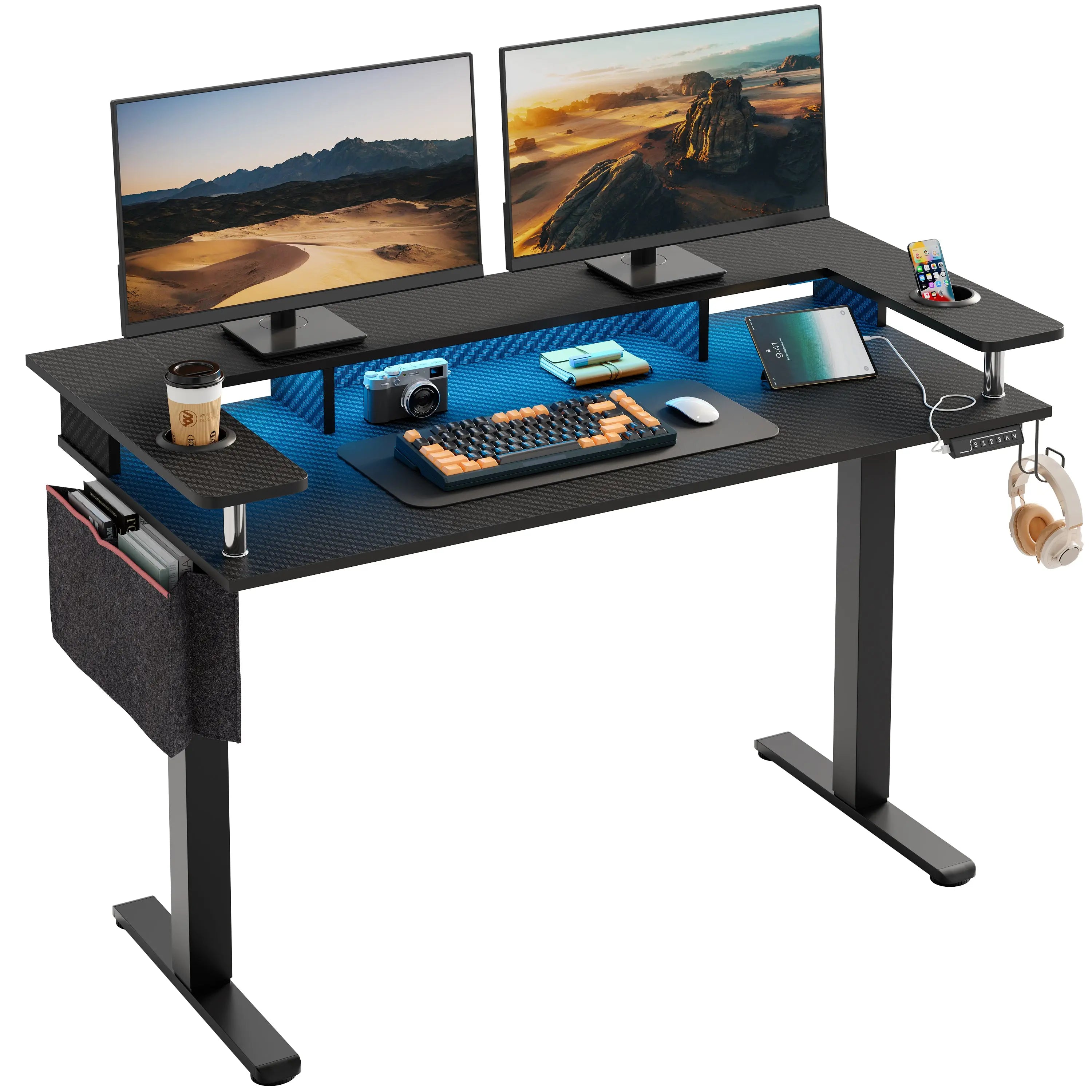 Bestier 58" adjustable standing desk with LED light, monitor stand, and storage.
