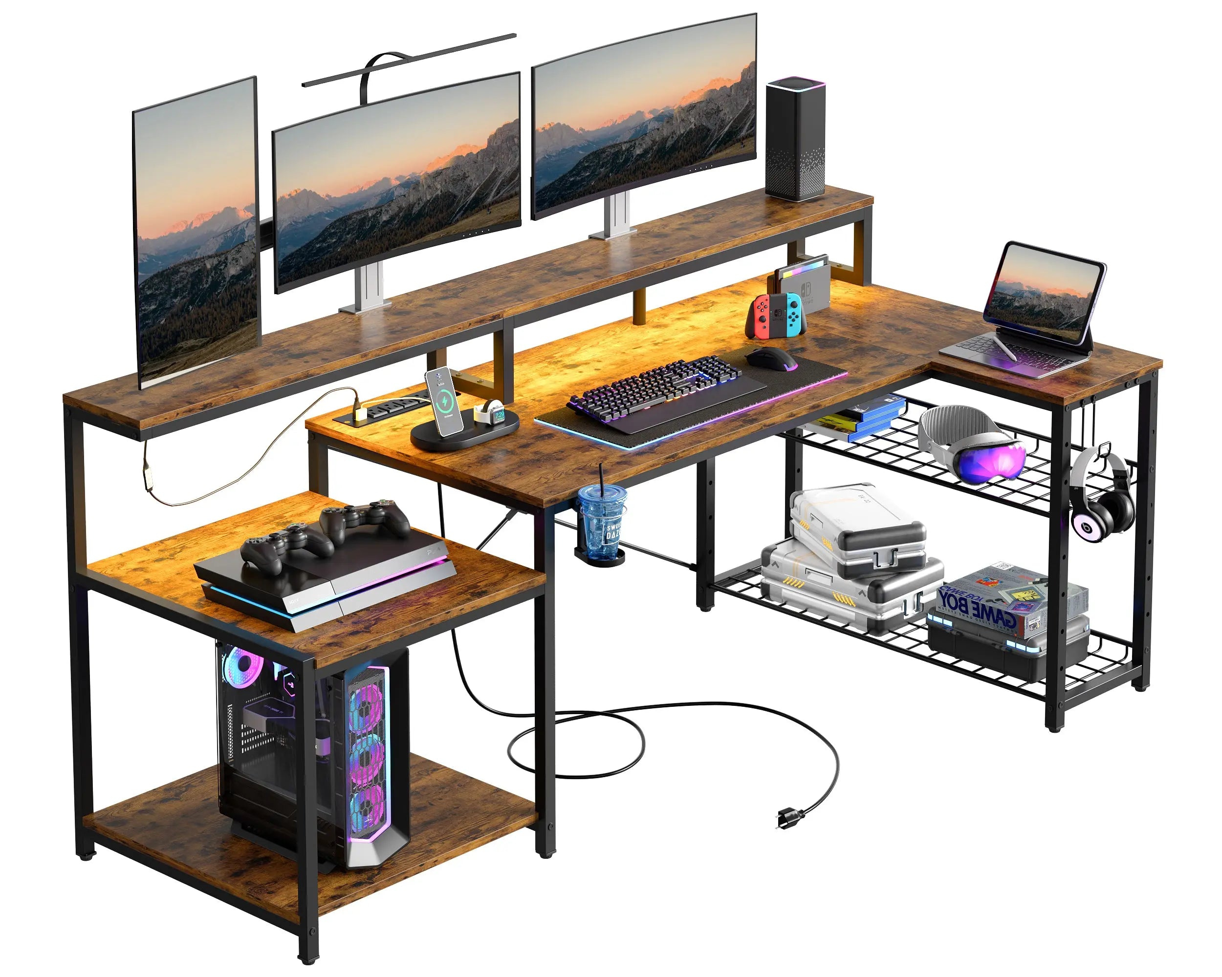 Gaming Desk with Power Outlet, 71.5 inch LED Computer Desk with Monitor Stand, L Shaped Large Desk with Metal Shelf, Cup Holder & Headset Hooks, Corner Desk for Bedroom 3D Carbon Fiber Bestier