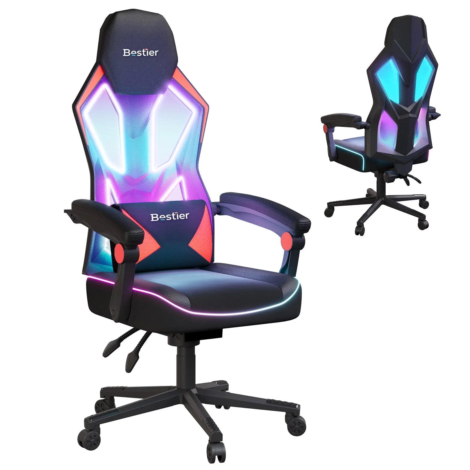 Bestier Gaming Chair Breathable High-Back Mesh Fabric, Led Gamer Chair for Adults with Comfortable Cushion, Lumbar Support, Linkage Armrests for Gamer, Kids, Students Bestier