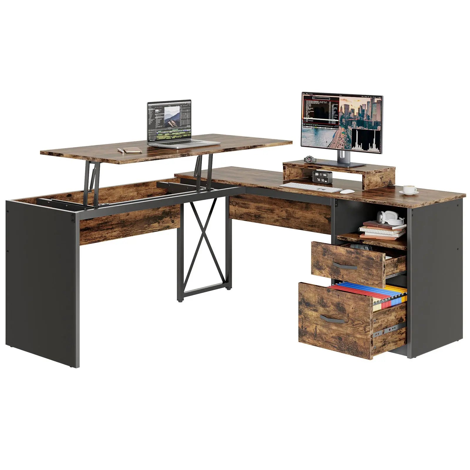 Bestier 56-inch L-Shaped Computer Desk with Drawers and Monitor Stand Bestier