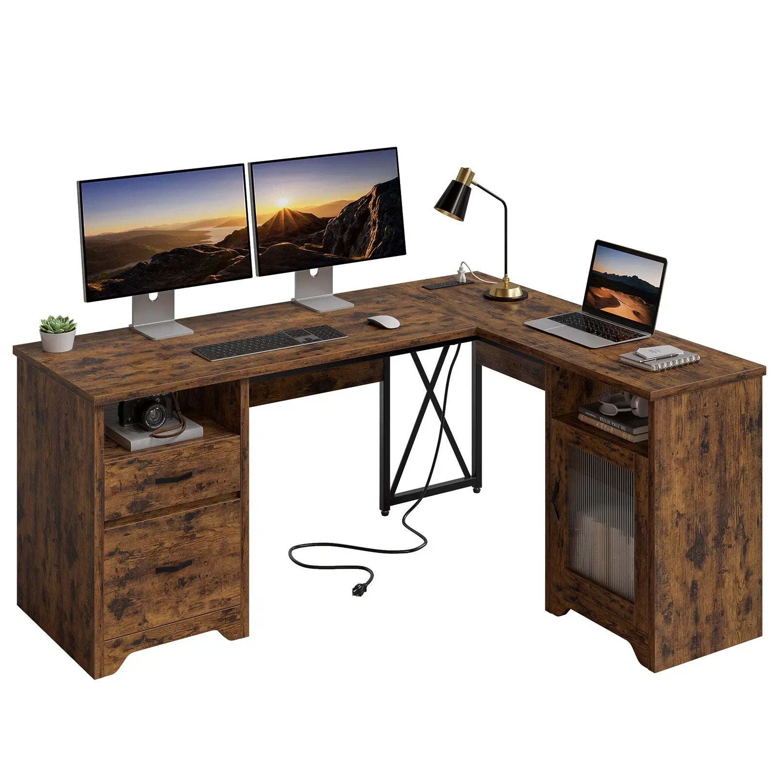 Bestier 63" Farmhouse L Shaped Desk Office Computer Desk with Charging Station & Cabinet, Corner Desk with File Drawers for Home Office Bestier