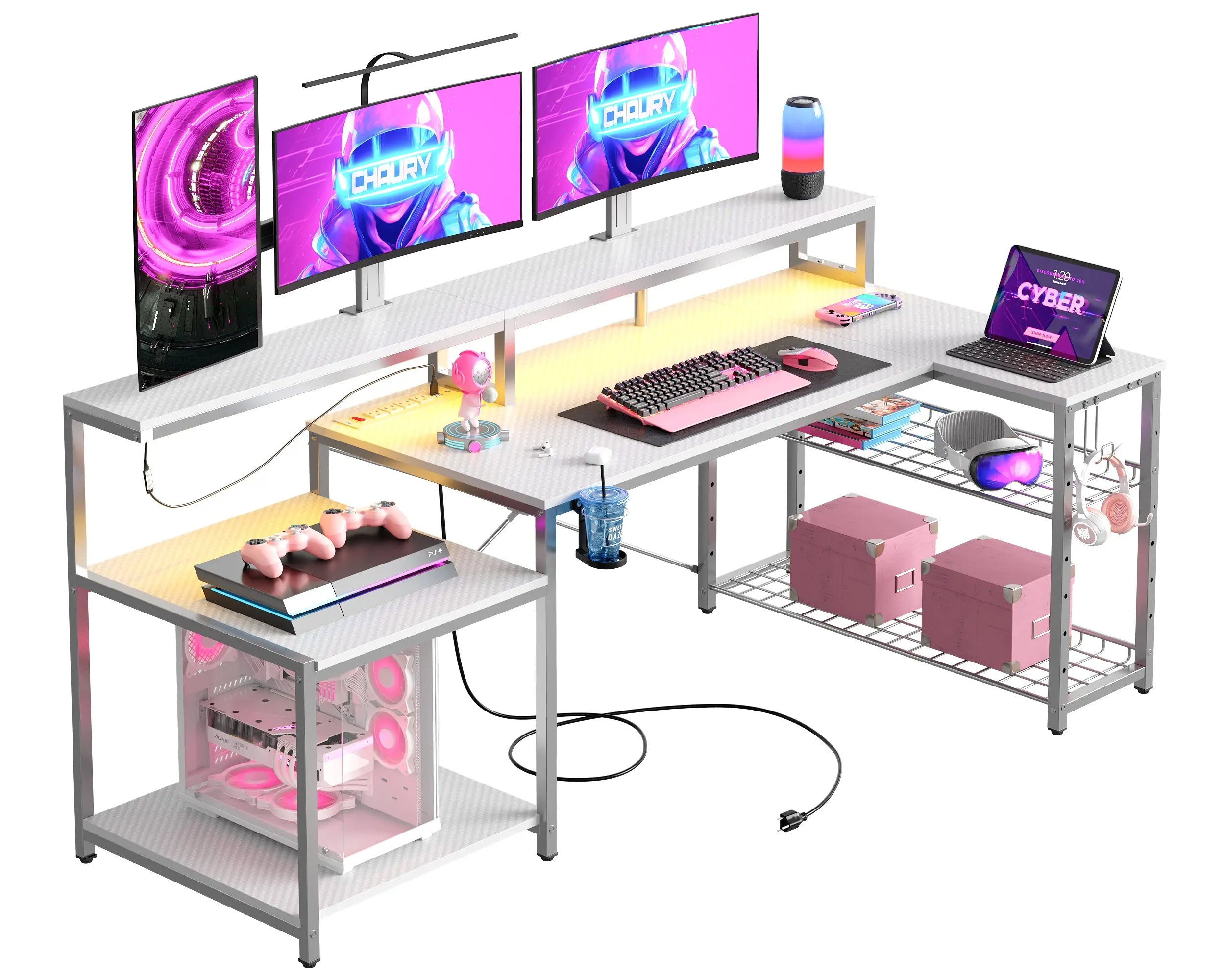 Gaming Desk with Power Outlet, 71.5 inch LED Computer Desk with Monitor Stand, L Shaped Large Desk with Metal Shelf, Cup Holder & Headset Hooks, Corner Desk for Bedroom 3D Carbon Fiber Bestier