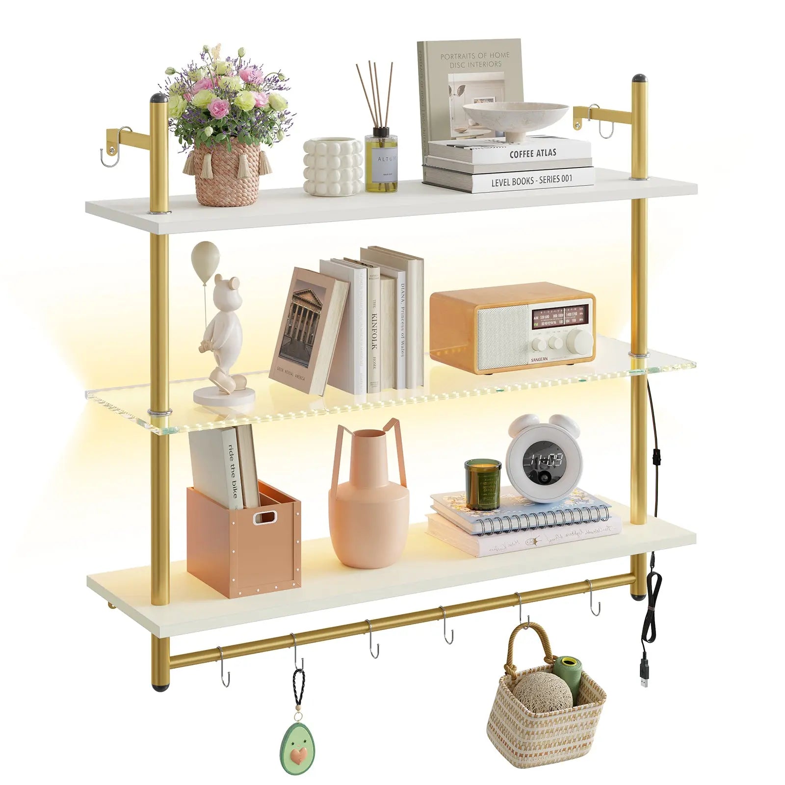 Bestier 41" Floating Shelves with LED Light, 3-Tier Wall-Mounted Wood Shelves with 8 S-Hooks, White Finish & Gold Frame Bestier