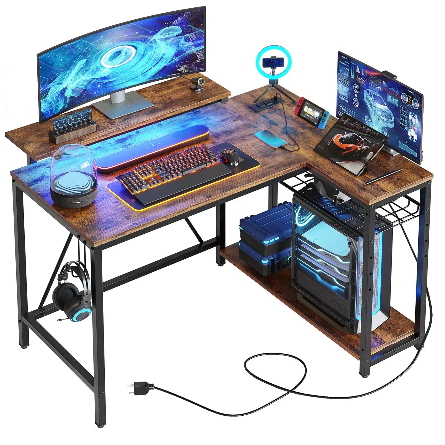 Bestier 42" Reversible L-Shaped Gaming Desk with Power Outlets LED Lights and Monitor Stand &Storage Shelves & Hooks for Bedrooms & Home Offices Bestier