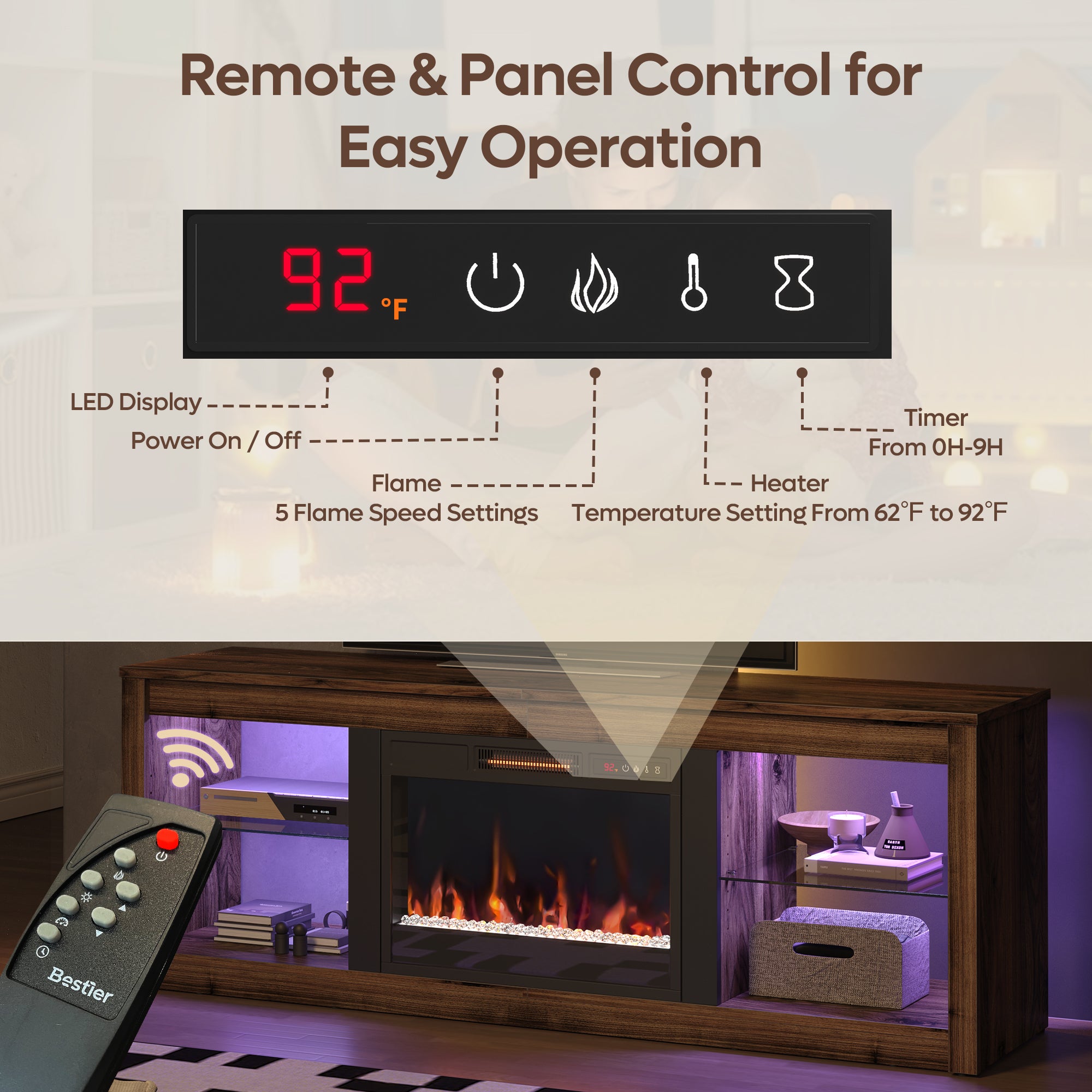Bestier Modern Electric Fireplace TV Stand for TVs up to 55", with LED and Glass Shelves, Walnut