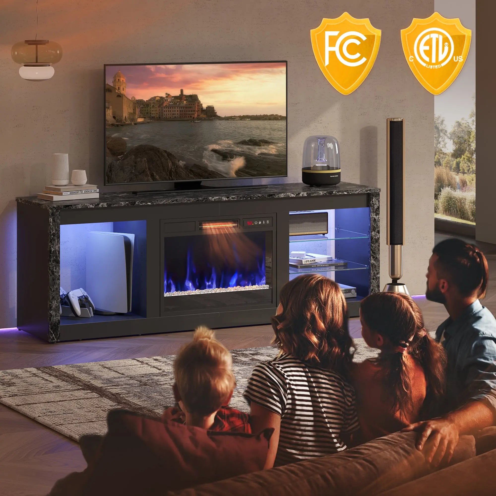 Bestier Modern Electric Fireplace TV Stand for TVs up to 55", with LED and Glass Shelves Bestier