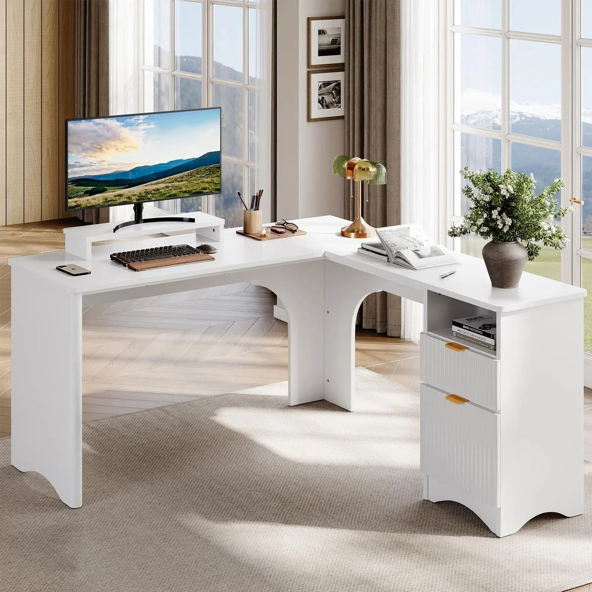 BESTIER Adjustable L-Shaped Ergonomic Gaming PC Desk - Office Furniture with Monitor Stand, A4 Drawer Fit, Open Shelf, Posture Support, Dual Monitor Compatibility, Sturdy Desks & Workstations, Assembly Required, Home Office Use Bestier