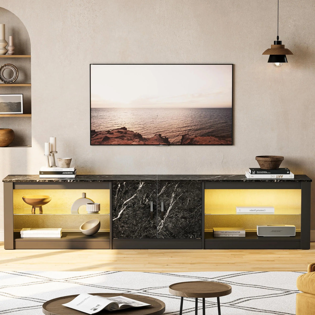 Bestier 80in RGB Rectangular Wood-Metal TV Stand - Fits Up to 85in Screens, Light Wood & Minimalist Multimedia Centre, Modern Home Decor, Storage Cabinet, Adjustable Glass Shelves, Remote-Controlled Color-Changing Lights, Living Room Media Stand, Light Wo Bestier