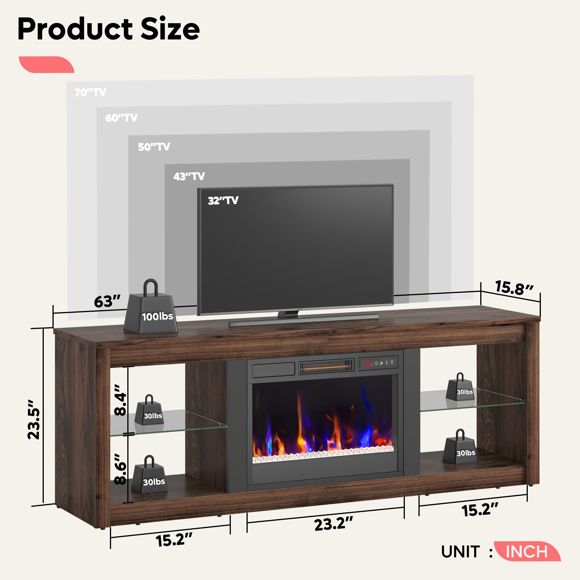 Bestier Modern Electric Fireplace TV Stand for TVs up to 55", with LED and Glass Shelves, Walnut