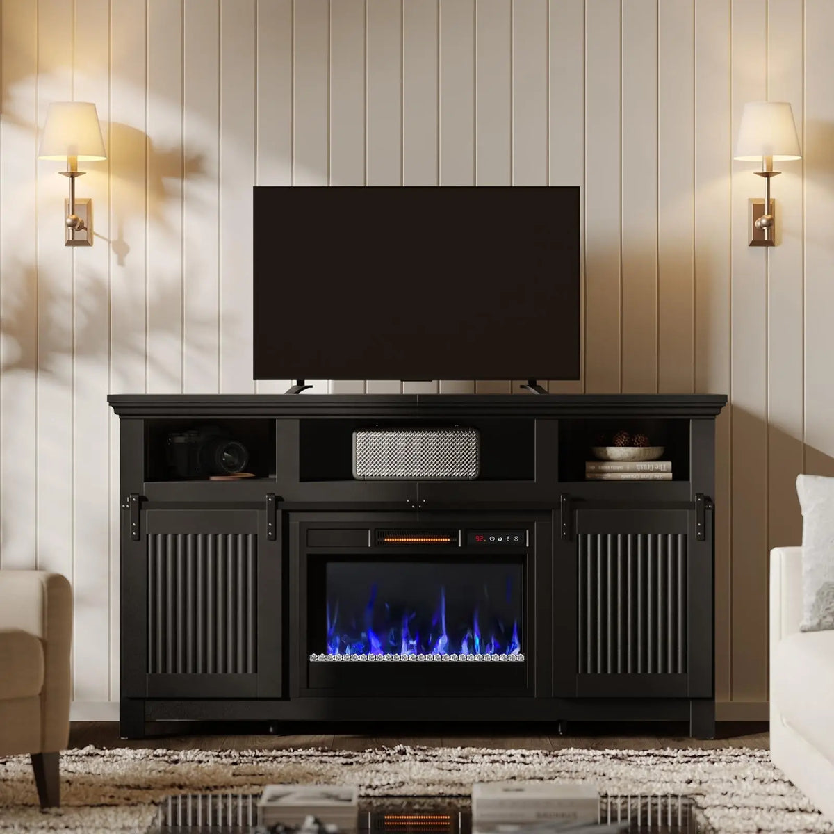 Bestier 60" Farmhouse Fireplace TV Stand - Fits 65" TVs, Sliding Barn Door Entertainment Center with Electric Fireplace Heater, Adjustable Shelves & Storage Cabinets for Living Room, Tv Stand Living Room Bestier