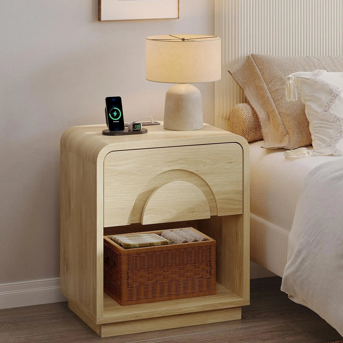 Bestier Engineered Wood Rectangle Pedestal Nightstand with Drawers - Modern LED Indoor Bedroom Furniture, Metal Single Unit Bedside Companion with 2 AC Outlets, Multiple Outlets Charging Station, Natural Oak, Glide Tidy Drawer, Assembly Required Bestier