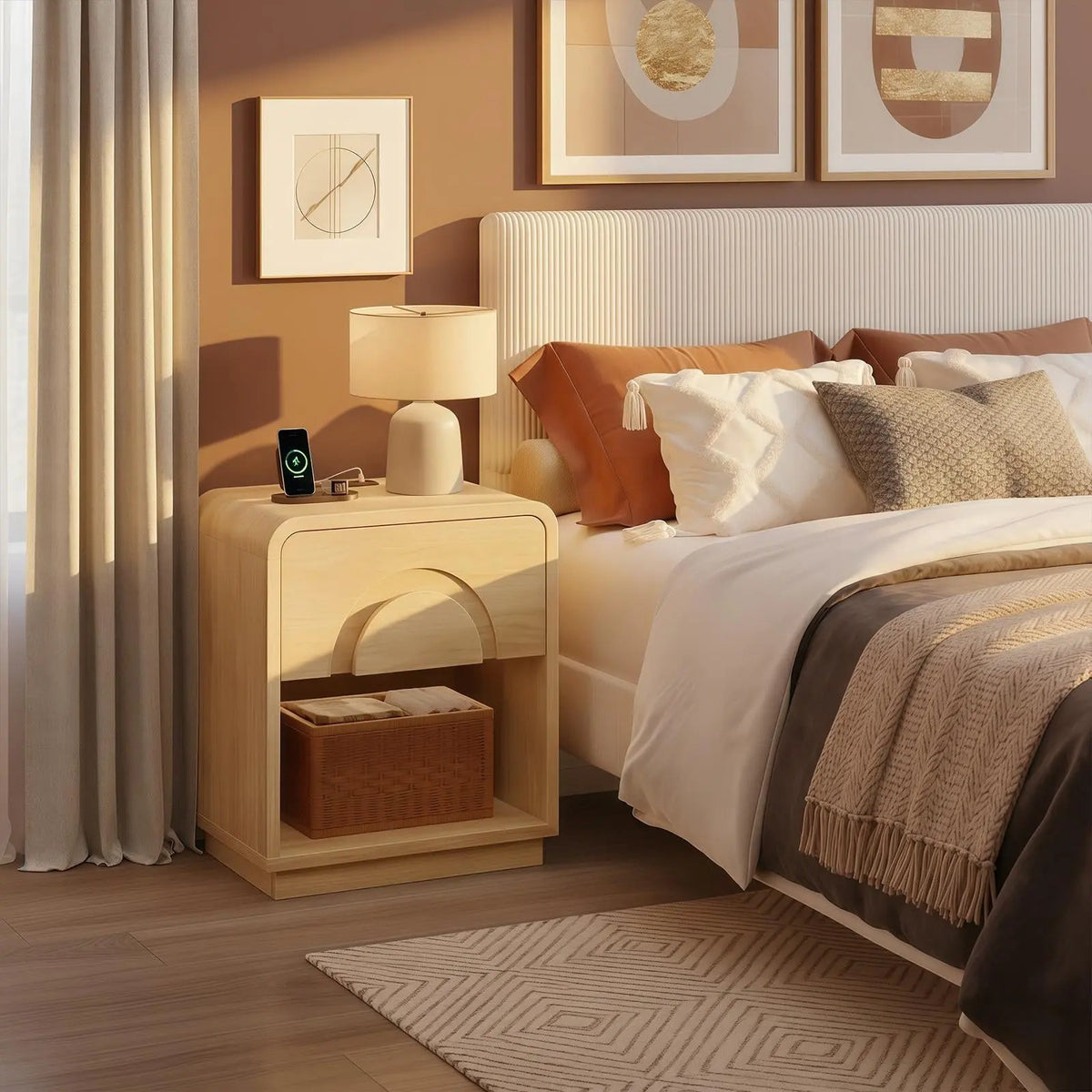 Bestier Engineered Wood Rectangle Pedestal Nightstand with Drawers - Modern LED Indoor Bedroom Furniture, Metal Single Unit Bedside Companion with 2 AC Outlets, Multiple Outlets Charging Station, Natural Oak, Glide Tidy Drawer, Assembly Required Bestier