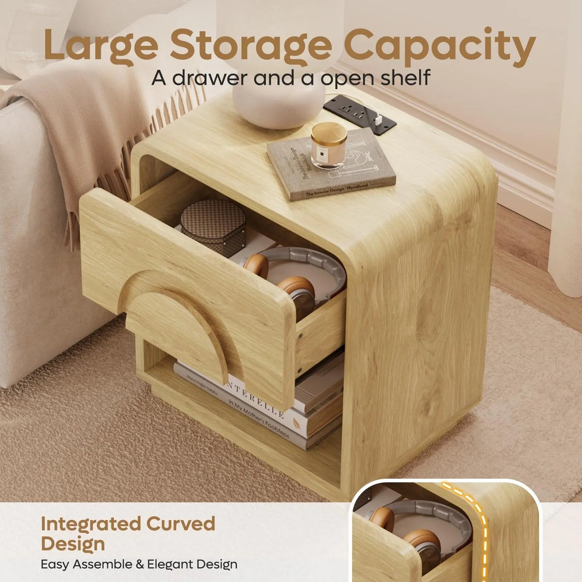 Bestier Engineered Wood Rectangle Pedestal Nightstand with Drawers - Modern LED Indoor Bedroom Furniture, Metal Single Unit Bedside Companion with 2 AC Outlets, Multiple Outlets Charging Station, Natural Oak, Glide Tidy Drawer, Assembly Required Bestier