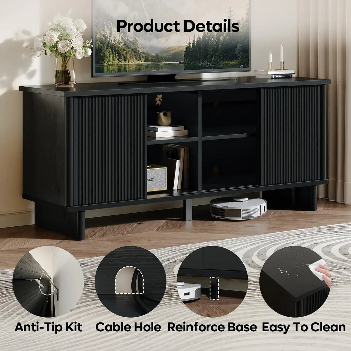 Bestier Mid Century Modern TV Stand for 65 Inch TV, Solid Wood Legs, Black Bestier