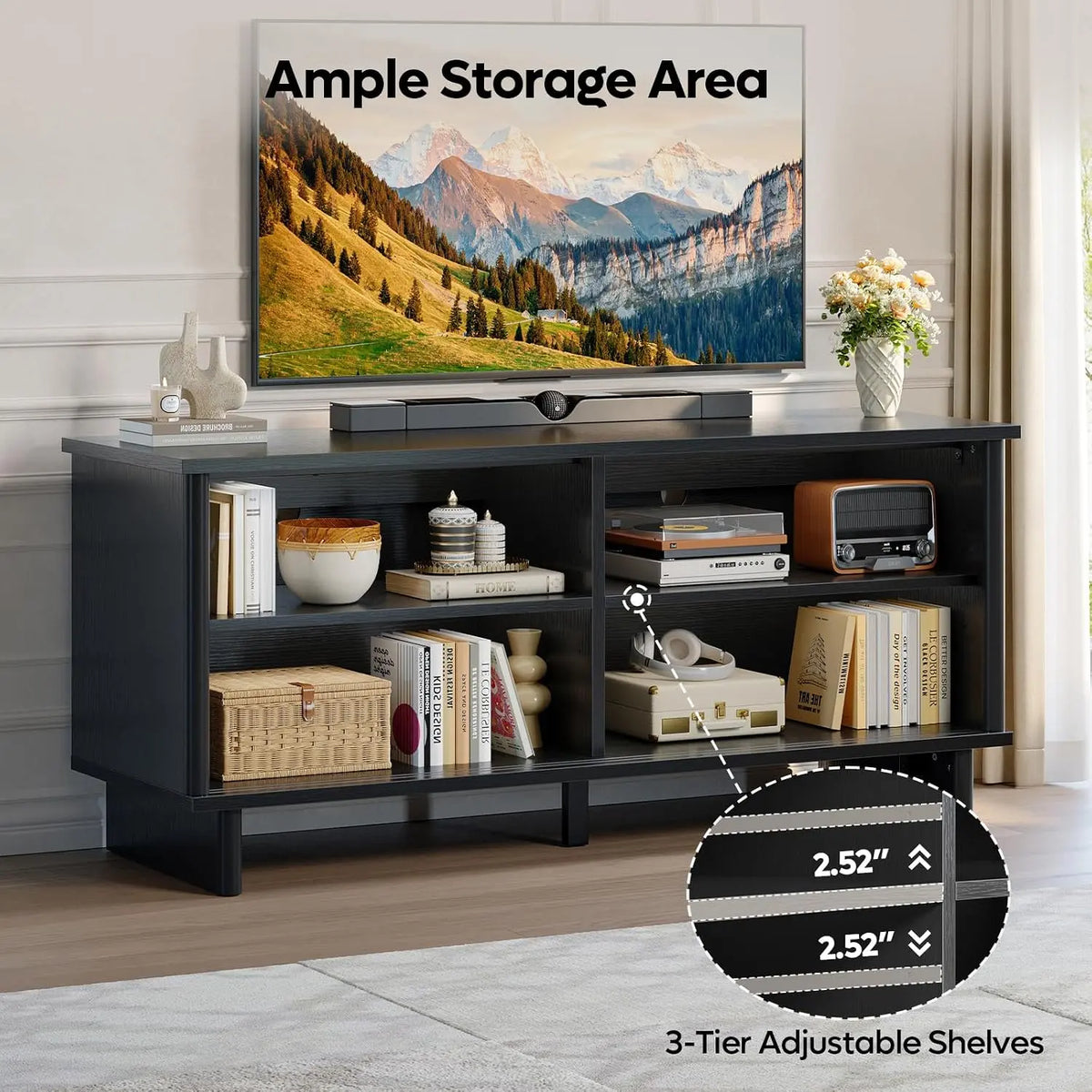 Bestier Mid Century Modern TV Stand for 65 Inch TV, Solid Wood Legs, Black Bestier