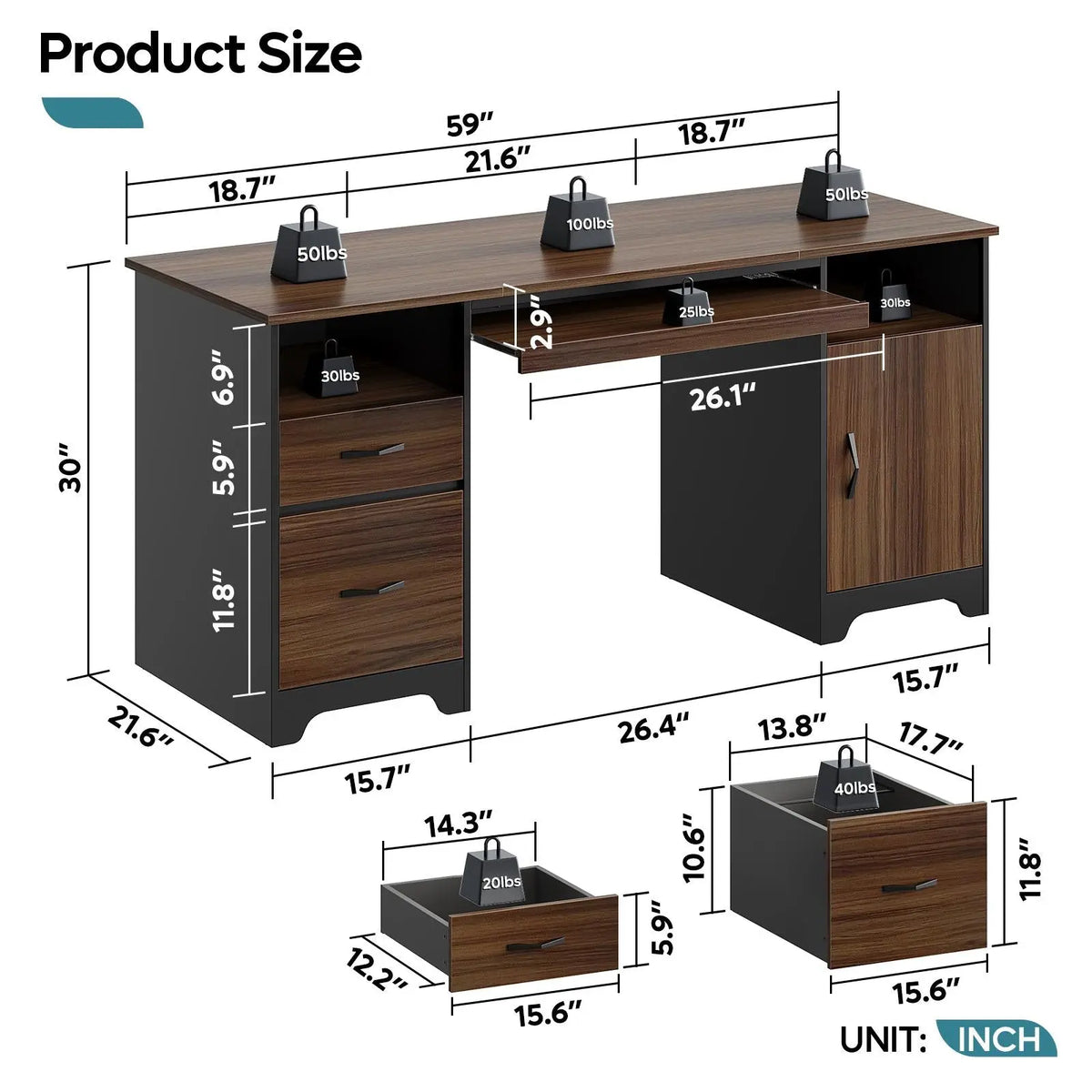 59" Home Office Computer Desk with Drawers, File Cabinet & Keyboard Tray, Executive Workstation Bestier