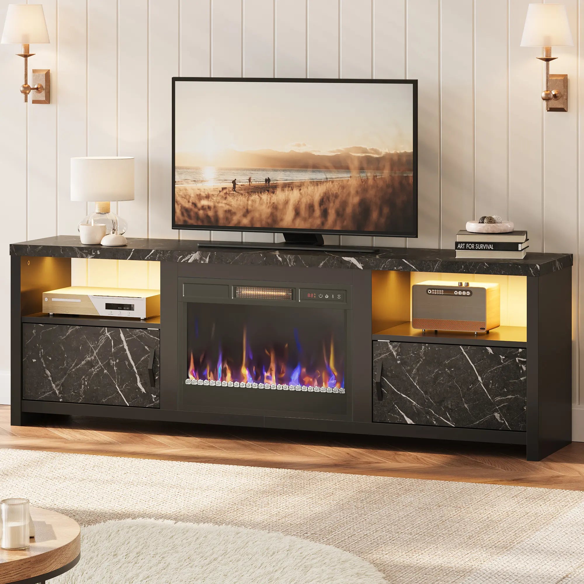 Bestier 71" Modern Fireplace TV Stand for TVs up to 75", LED Entertainment Center Gaming TV Console with 23" Remote Control Electric Fireplace Bestier