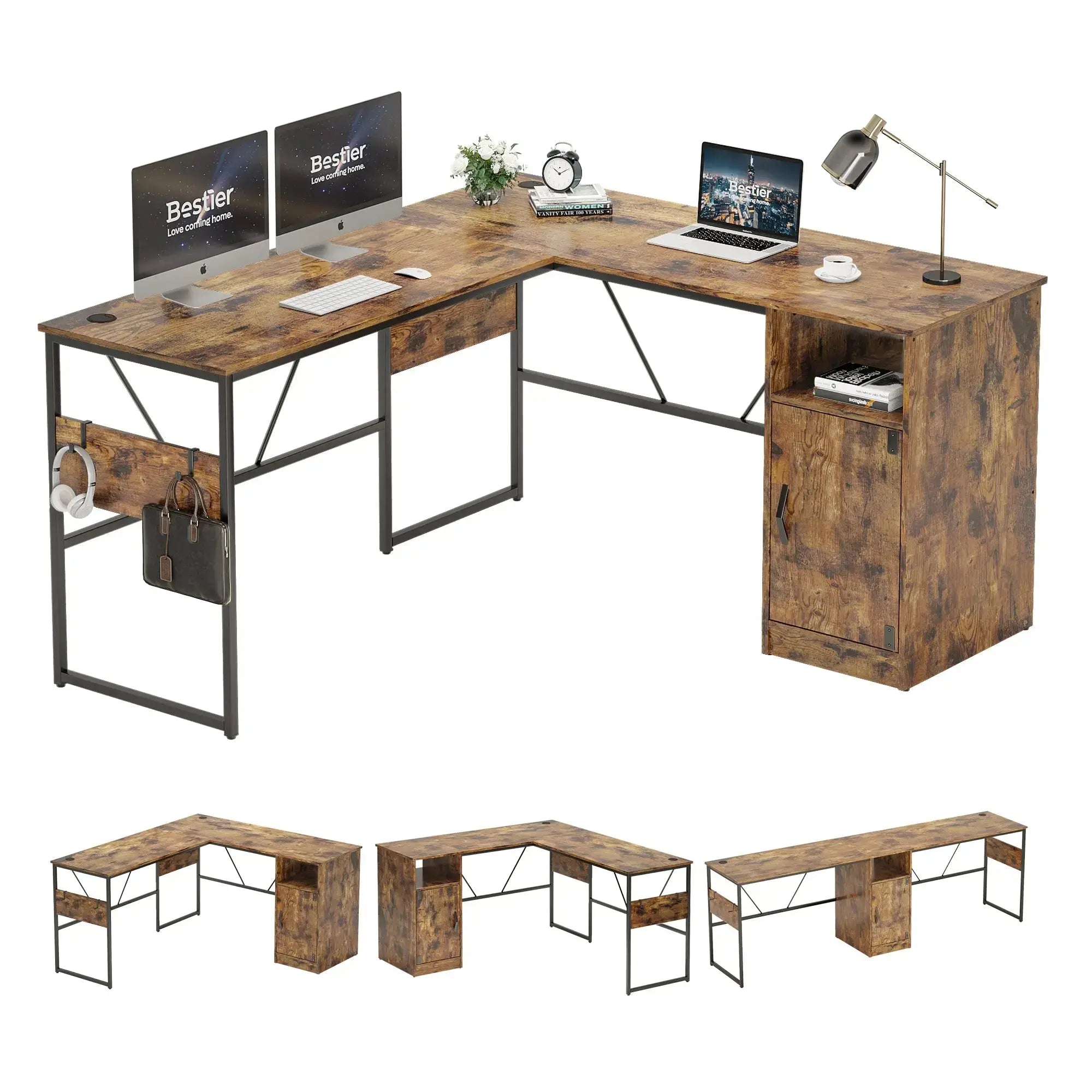Bestier reversible rustic brown L-shaped computer desk with integrated cabinet and storage cubby.