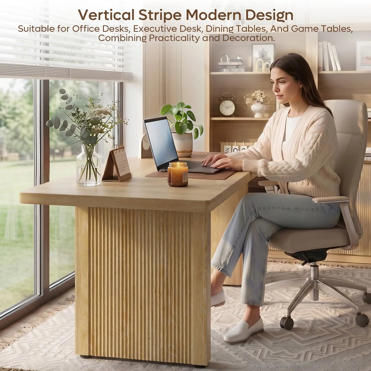 Bestier 63 Inch Wood Executive Desk, Fluted Office Desk Natural Oak Bestier