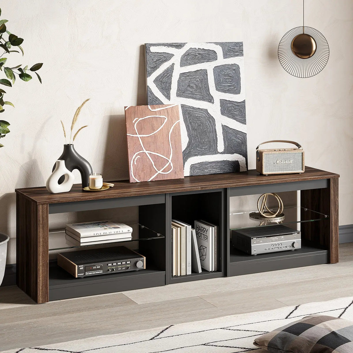Bestier 63-inch dark wood TV stand with glass shelves, modern living room entertainment center.