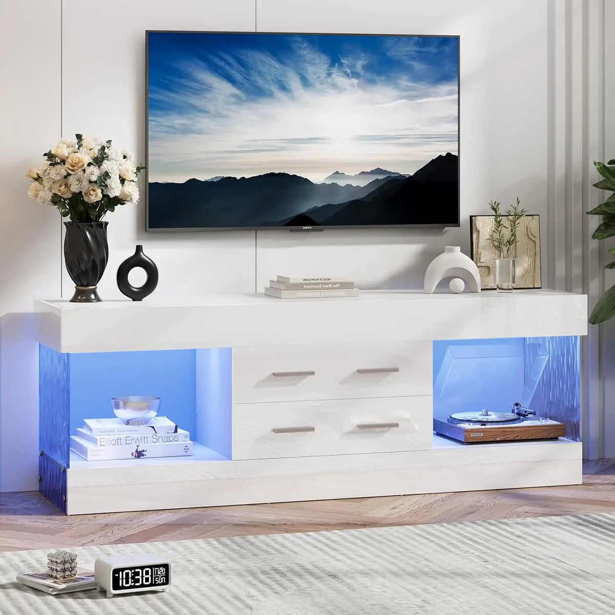 Bestier 60" High Gloss RGB LED TV Stand - Engineered Wood Minimalist Modern Media Console, Pull-Out Storage Drawer, Ripple Texture Acrylic Side Panels, Supports 65" TV, Man Cave Furniture Bestier