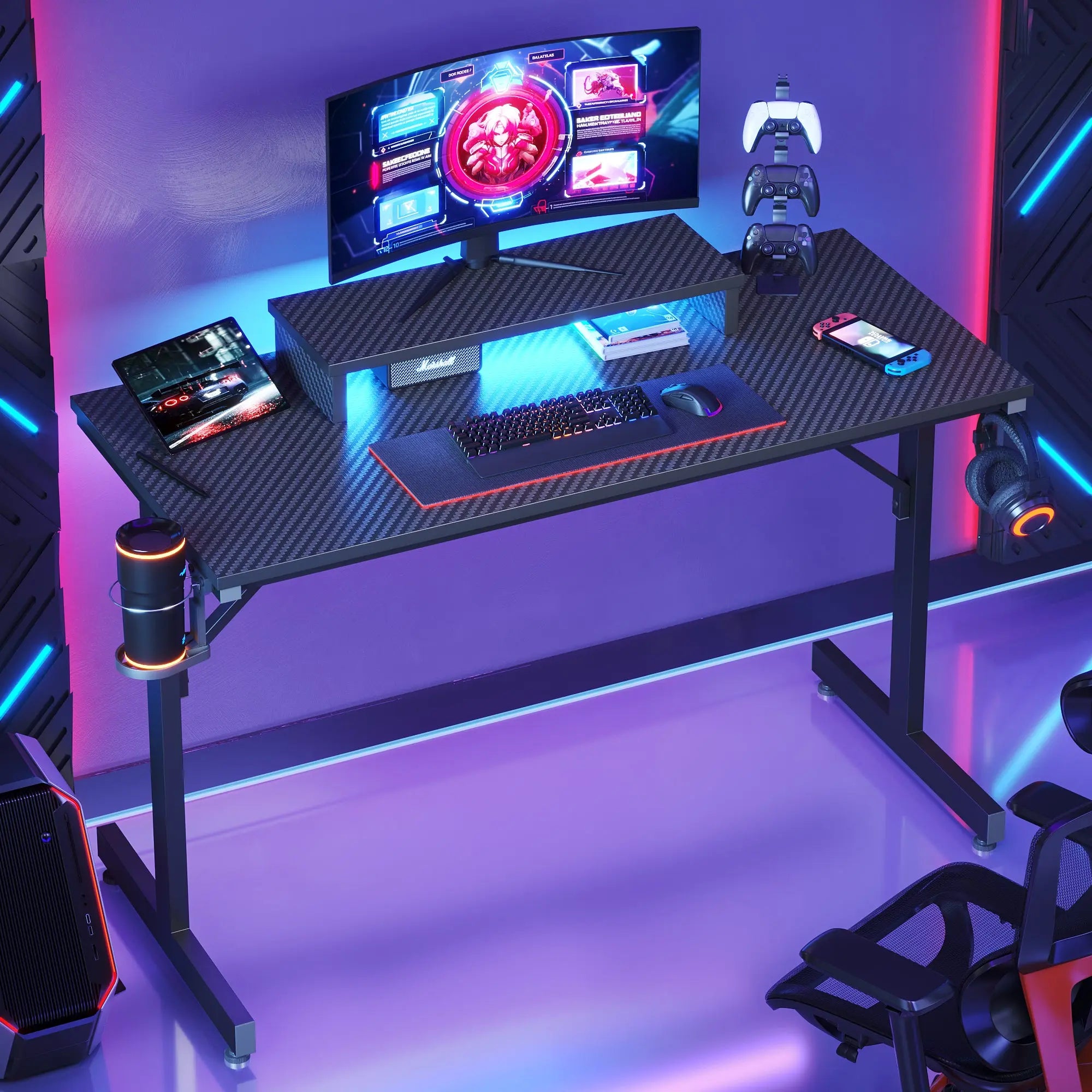 Bestier 42" Gaming Desk PC Computer Office Table Desk with LED Lights & Monitor Stand & Headphone Hook & Cup Holder in Carbon Fiber Black Bestier