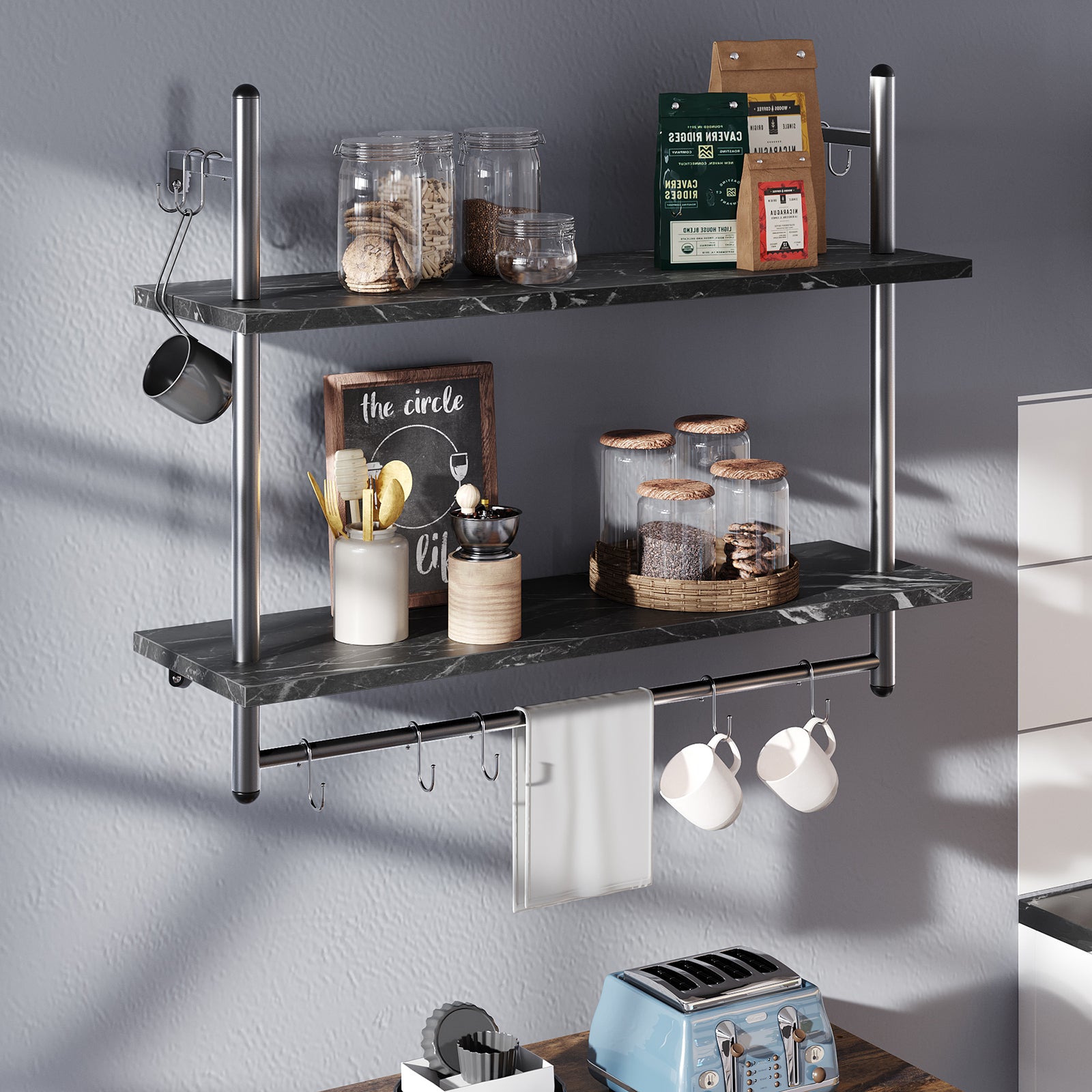 Bestier Industrial 2-Tier Wall-Mounted Bookshelf Plant Stand Shelf Baker's Racks with 8 S-Hooks